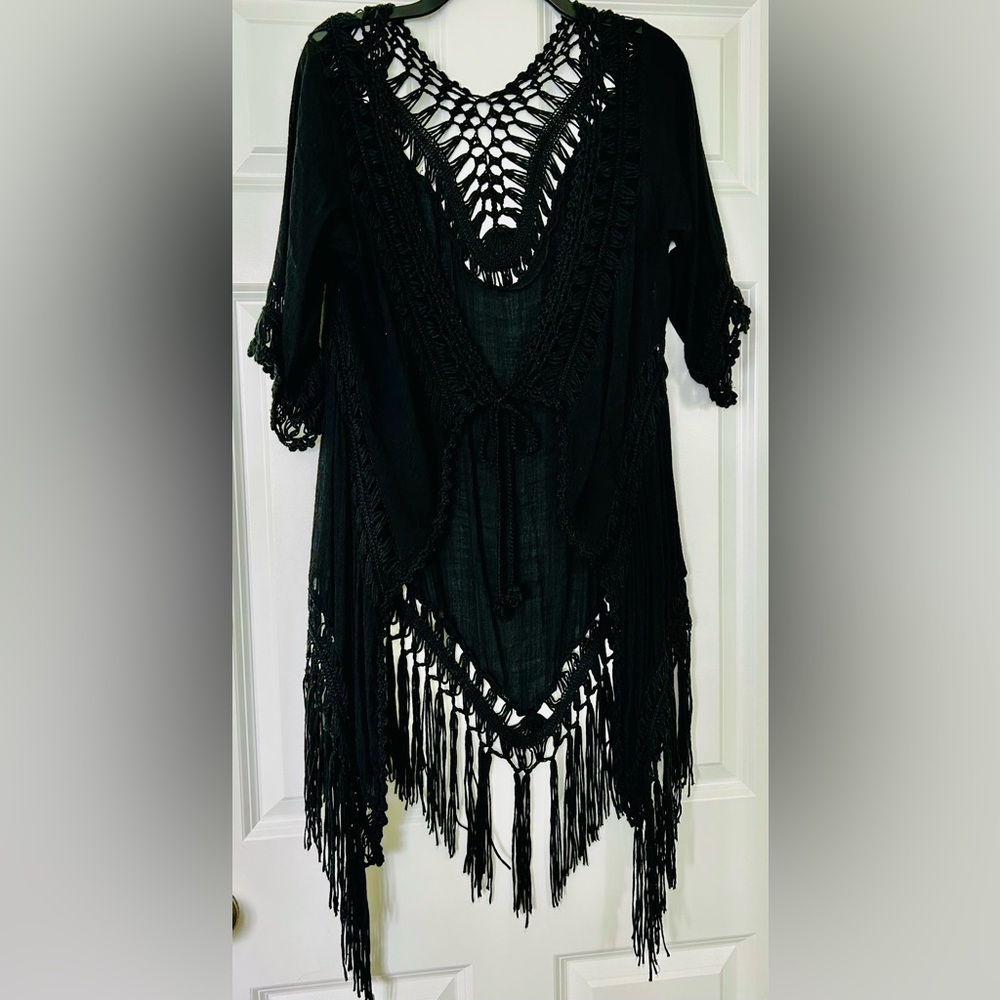 Black Crochet Fringe Kimono Cover-Up